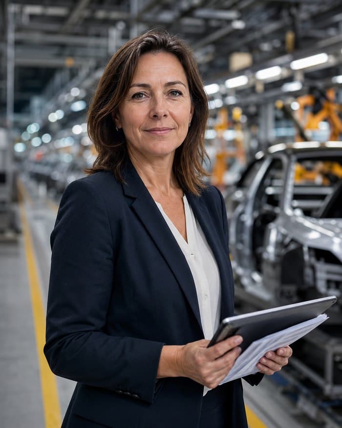 Interim Qualitätsleiterin mit Prüfunterlagen in einem Automobilwerk