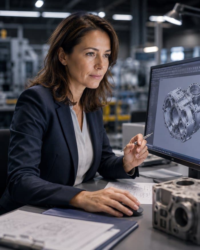 Interim Engineering Managerin am CAD-Arbeitsplatz mit Bauteil