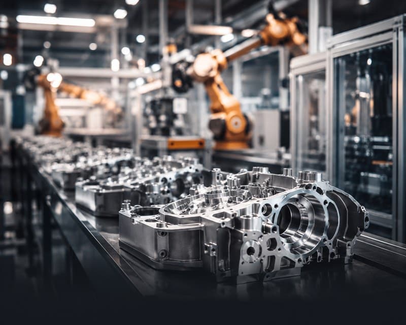 Automobile Fertigungslinie mit Roboterzellen und bearbeiteten Bauteilen