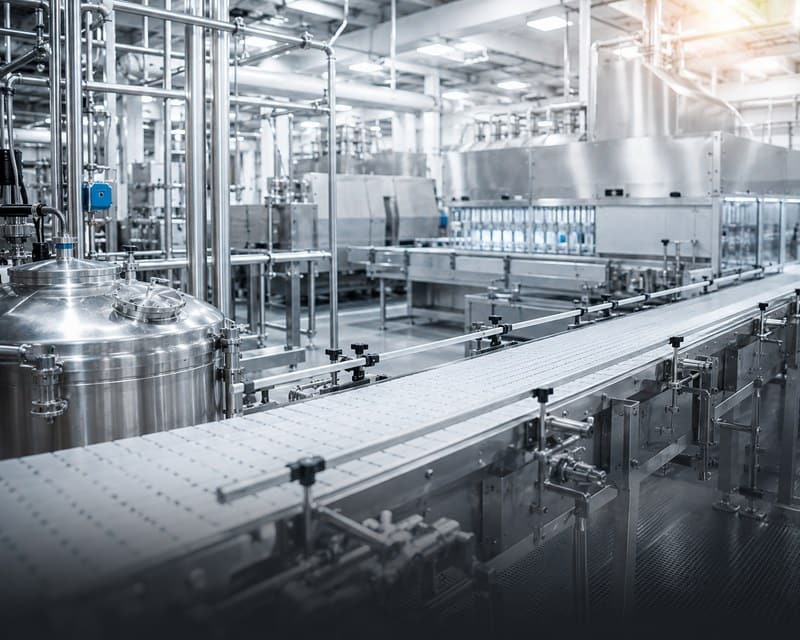 Edelstahl-Prozessanlage in einer hygienischen Lebensmittelproduktion