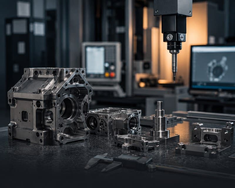 Präzisionsgefertigte technische Komponenten auf einem Mess- und Prüfplatz